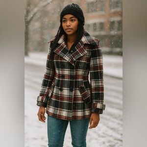 Plaid Peacoat Jacket Red Black White Winter Wool Blend Coat Pockets Size M